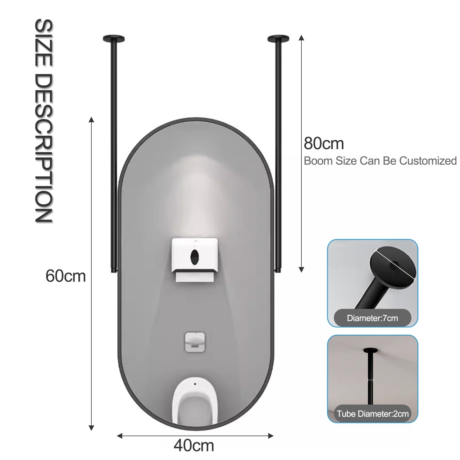Espejo de Techo con Marco de Metal Negro y Varillas x 2 - Boom Personalizable, Espejos flotantes para tocador de baño, Espejos Decorativos Simples para Pared (tamaño: