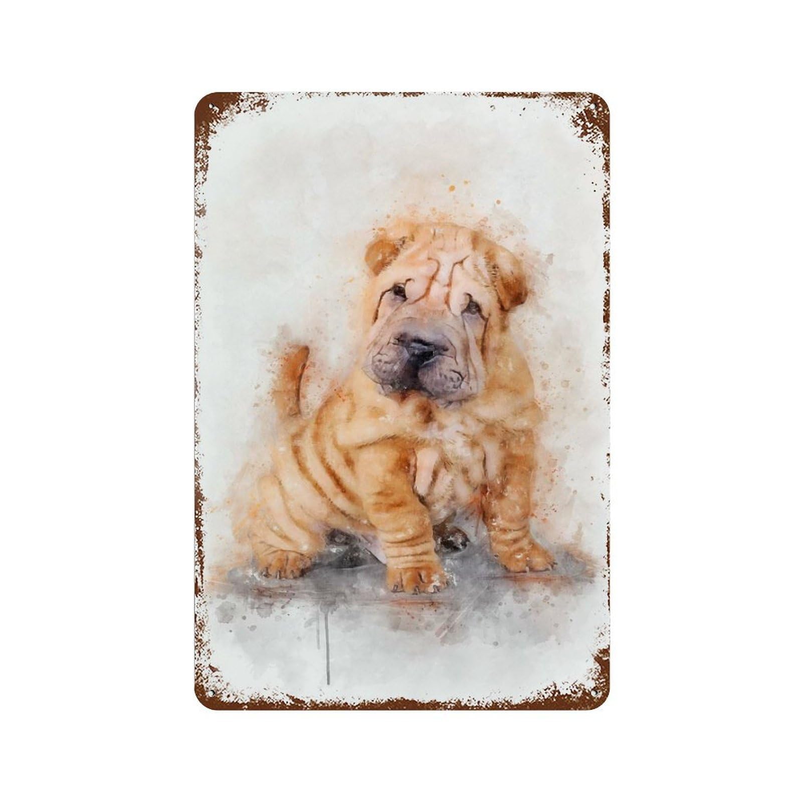 Garage Style Shar Pei Puppy Watercolor Rust Effect Tin Sign 11.8"x7.9", Farmhouse Wall Decor for Bar And Workshop