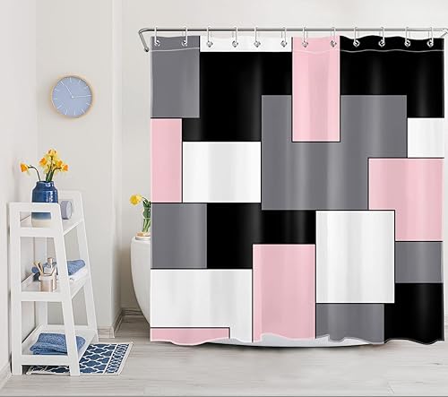 Miniatura 2 de HVEST Cortina de ducha geométrica rosa con ganchos, cortina de ducha moderna geométrica abstracta gris y blanco para baño, 72 x 72 pulgadas, juego