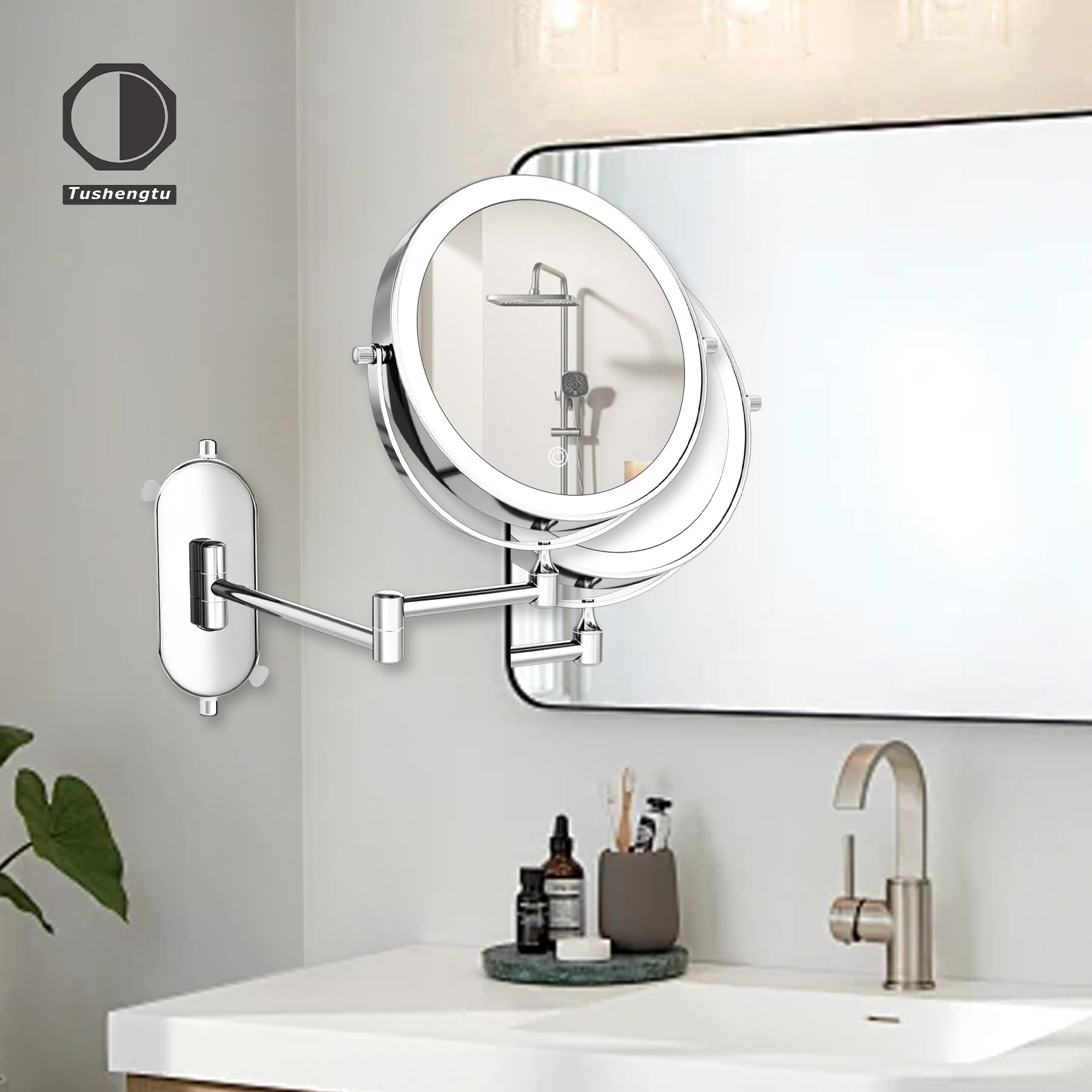 Espejo de Maquillage de Pared con Ventosa, 1/10X Aumento, 2000mAh Recargable Espejo Iluminado de Maquillaje con Ventosa, 360°Rotación para Baño, Espejo de Pared Cromo