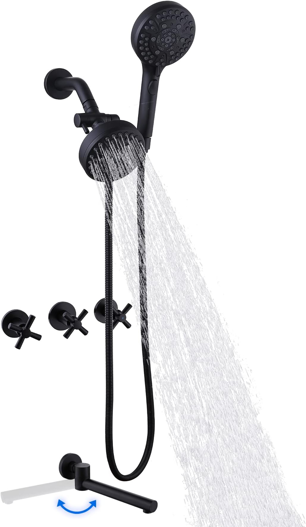 KAPHOME Matte Black 3 Handles Shower Faucet Set with Tub Spout,Tub and