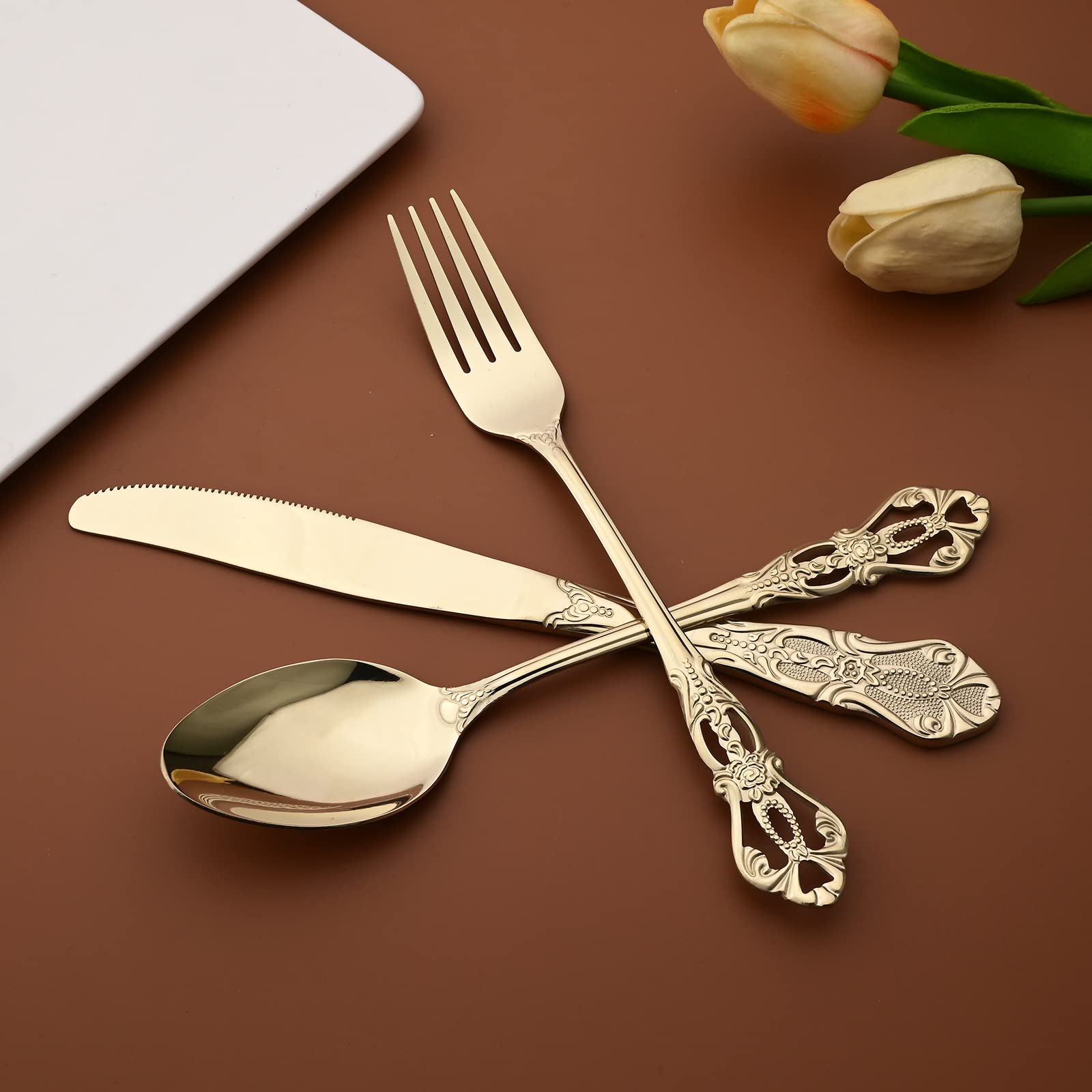 Snplowum Royal 24-piece Mirror Champagne Gold Silverware Dinnerware, 18/10 Stainless Steel Luxury Flatware Service For 6 Include Knives/Forks/Spoons/Teaspoons, Dishwasher Safe