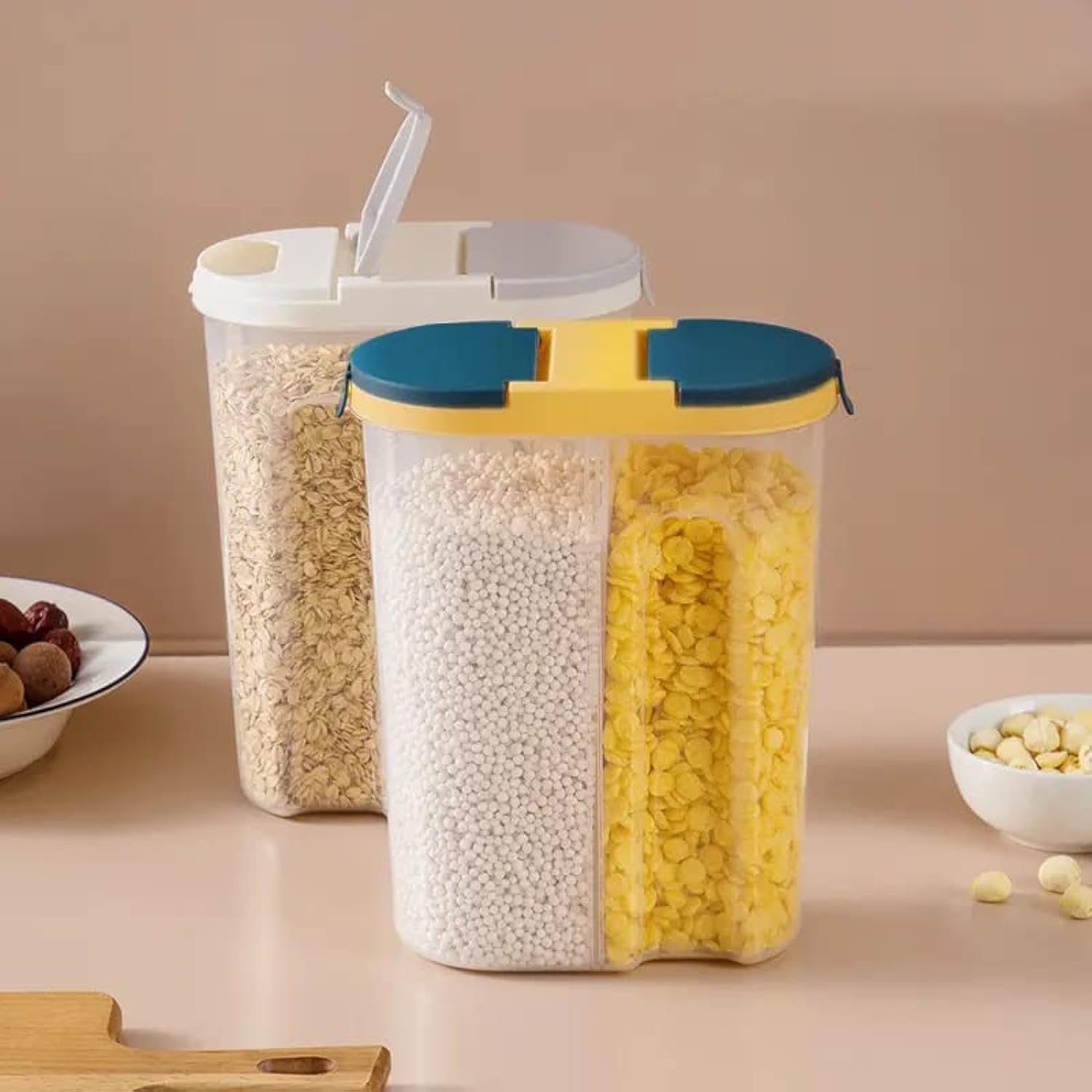VALUXE Cereal & Dry Food Storage Containers | 2pcs Set Airtight Plastic Kitchen Containers & Storage | Each Grain Box 2.5L with 2 Partitions | BPA Free | Dishwasher & Microwave Safe