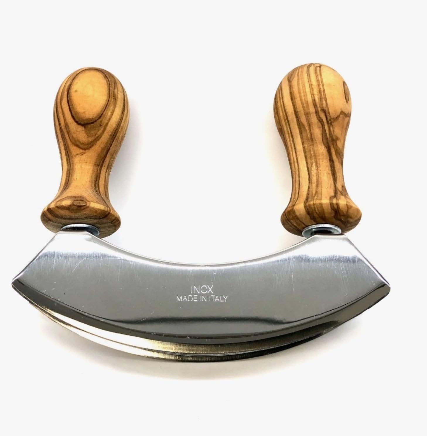 Natural Olive Wood Professional Gourmet Mezzaluna Chopping Knife, Double Blade Stainless Steel Made in Italy