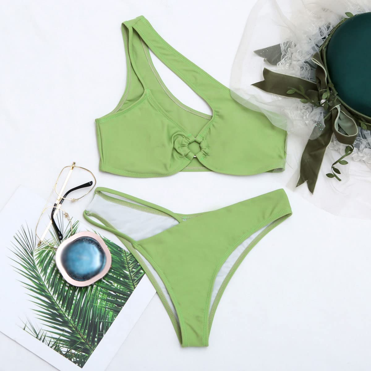 Zielony damski strój kąpielowy push-up Dwuczęściowy strój kąpielowy Wycięty zestaw bikini na jedno ramię Kostium kąpielowy Kostiumy kąpielowe (kolor: zielony, rozmiar: kod L) (zielony kod S)