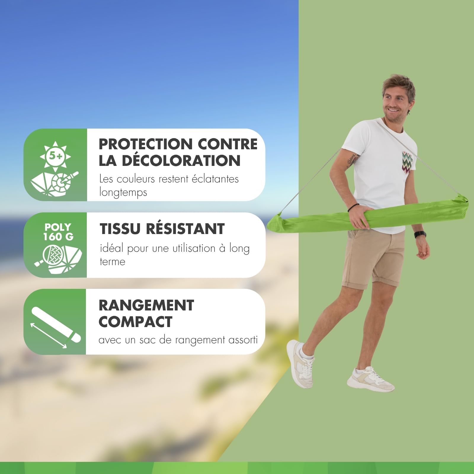 derby Parasol 200 cm I Parasol pour plage, balcon et terrasse I Parasol réglable en hauteur I Avec protection UV I Parasol pliable I Pour plage et piscine extérieure I Parasol de plage
