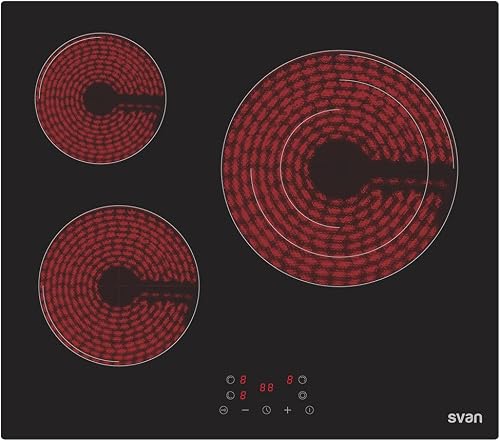 Svan Placa Vitrocerámica Cristal negro, SV3602. 3 Zonas de Cocción, 5700 W, 9 Niveles de Cocción, Control Táctil, Triple Corona, Bloqueo de Seguridad, Temporizador