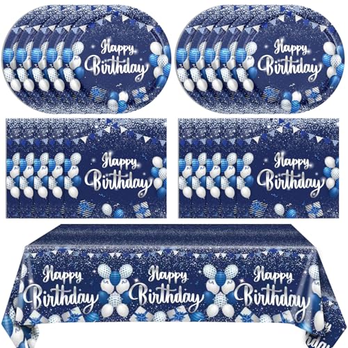 Navy Blue and Sliver Birthday Decorations Happy Birthday Party Tableware Set Happy Birthday Tablecloths and Plates Napkins Party Dinnerware for Men Women Kids Birthday Party Supplies