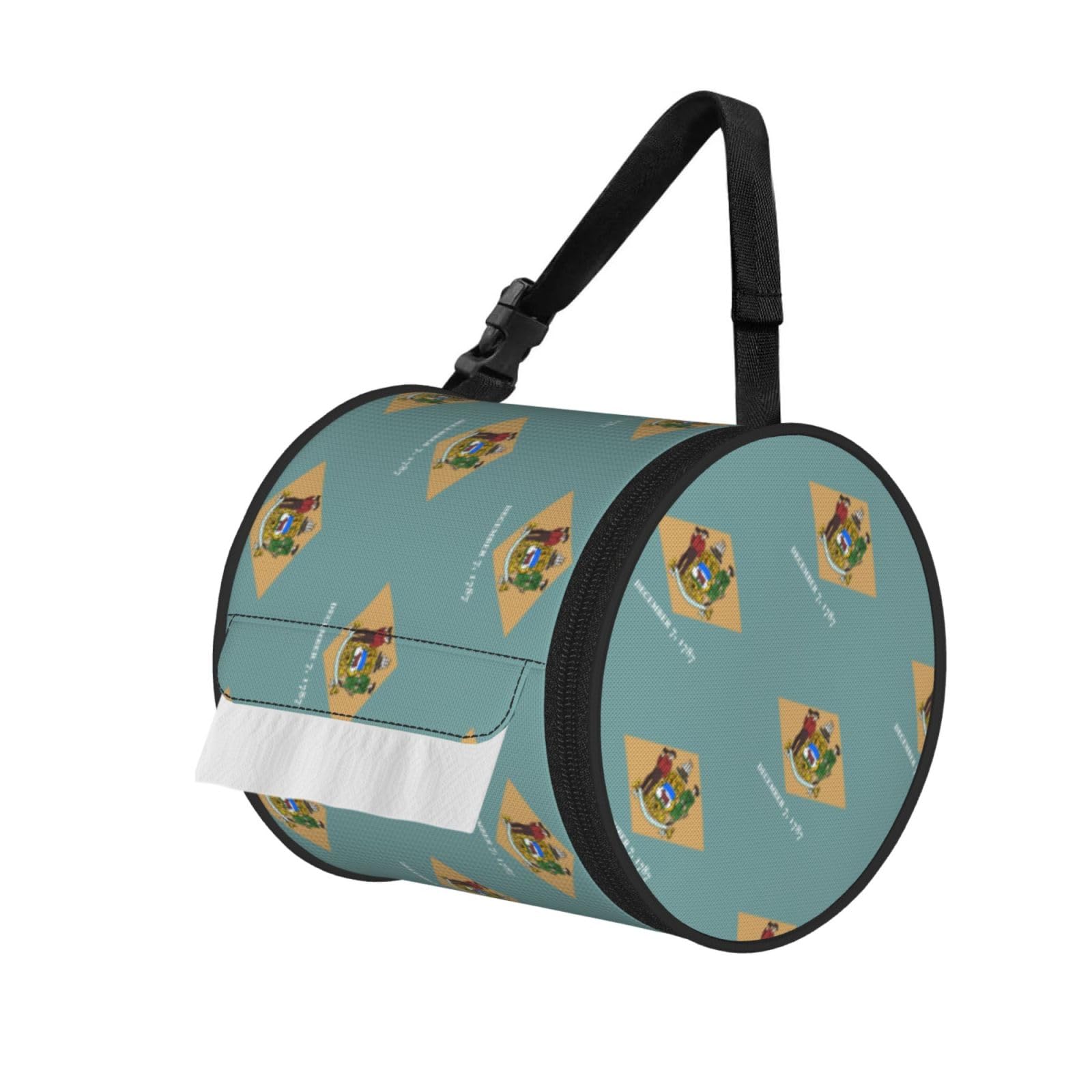 Flag Of Delaware Print Round Tissue Dispenser Bag With Carry Strap, Portable Roll Holder For Car Travel Home