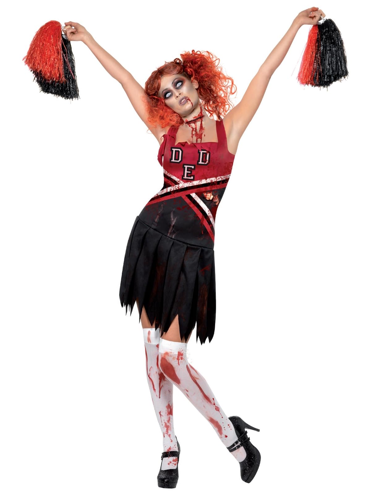 Smiffys High School Horror Cheerleader Costume, Red & Blac with Dress & Pom Poms, Halloween Zombie Alley Fancy Dress, Zombie Dress Up Costumes