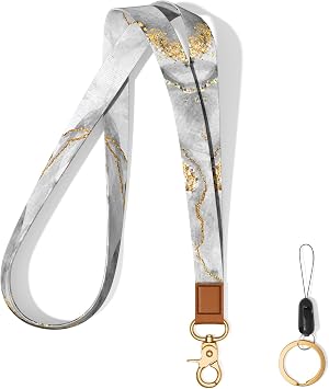 Neck Lanyard Key Chain, Long Lanyard Strap Keychain Holder for Women Men Car Keys ID Badges Card Wallet Phone Camera, Gray Gold Marble