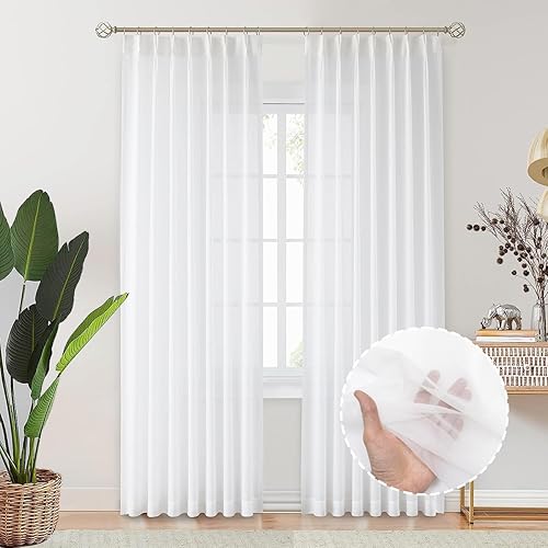 Pleated Sheers Curtains for Track System, Sliding Door Curtain White Sheer Curtains with Custom Multi Size (2 Panels, 100 inches Wide Each Panel, White)