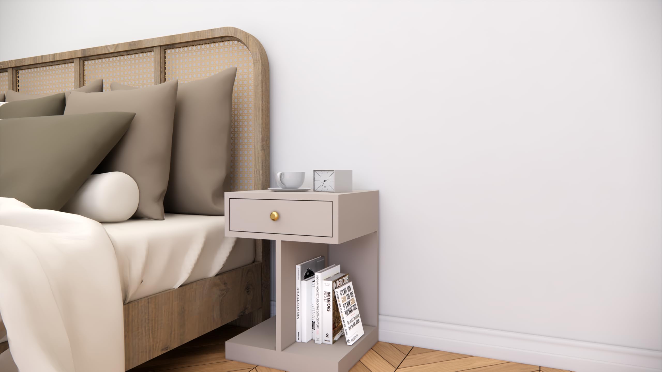 Modern Bedside Table with Drawer & Open Storage Shelf | Wooden Nightstand Side Table for Bedroom | Space Saving End Table with Book Rack (Beige Grey)-image-31