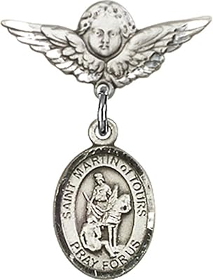 Sterling Silver Baby Badge with St. Martin of Tours Charm and Angel w/Wings Badge Pin 7/8 X 3/4 inches