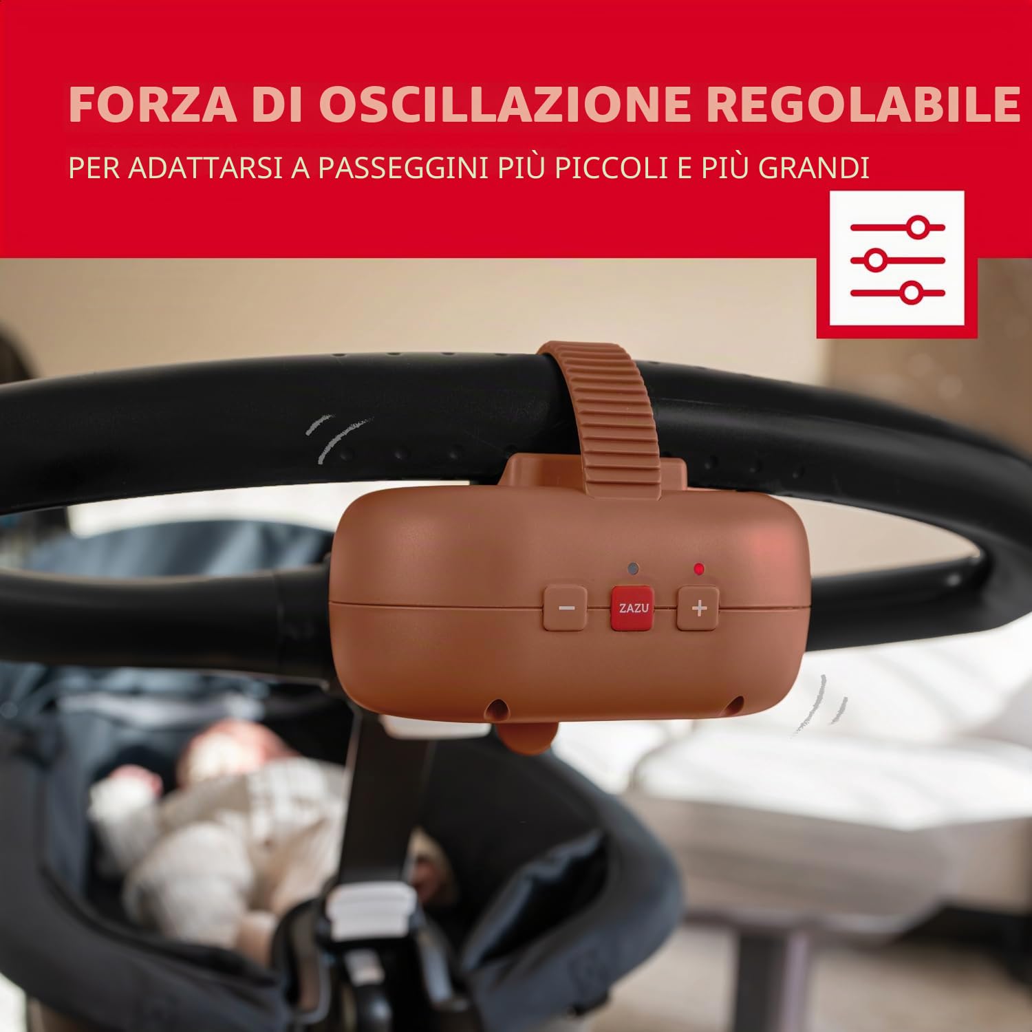 ZAZU Robby Bilanciere Automatico per Passeggini, Seggiolini Auto e Amache - Altalena Regolabile, Timer 40 Min, Sensore di Pianto, Ricaricabile USB-C, Resistente all'Acqua, Universale (Marrone)
