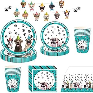 Noe Hund Partygeschirr Set 66 Pcs, Hunde Geburtstag Deko für 16 Gäste, Haustiere Pappgeschirr Tiere Partygeschirr…
