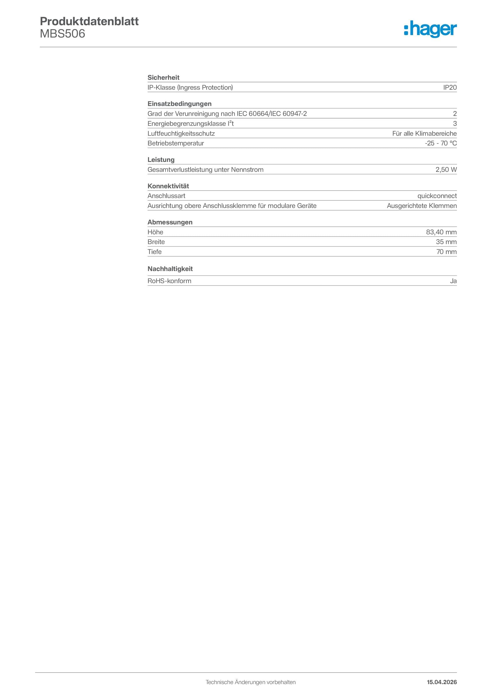 Hager MBS506 Leitungsschutzschalter 6A 1P+N 1-polig+N 6kA B-Charakteristik 2 PLE TE LS-Schalter MCB (MBS 506)