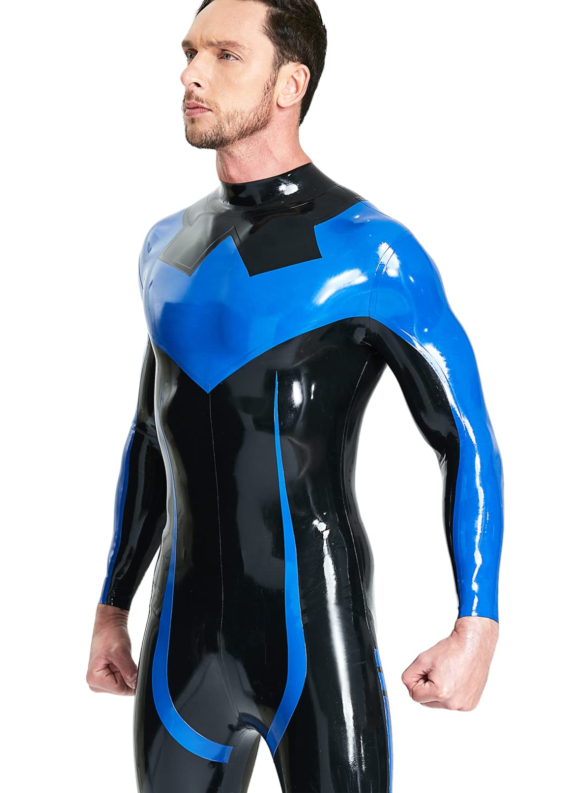 Amazon | 男性の黒と青のダブルカラーマッチングキャットスーツと足 