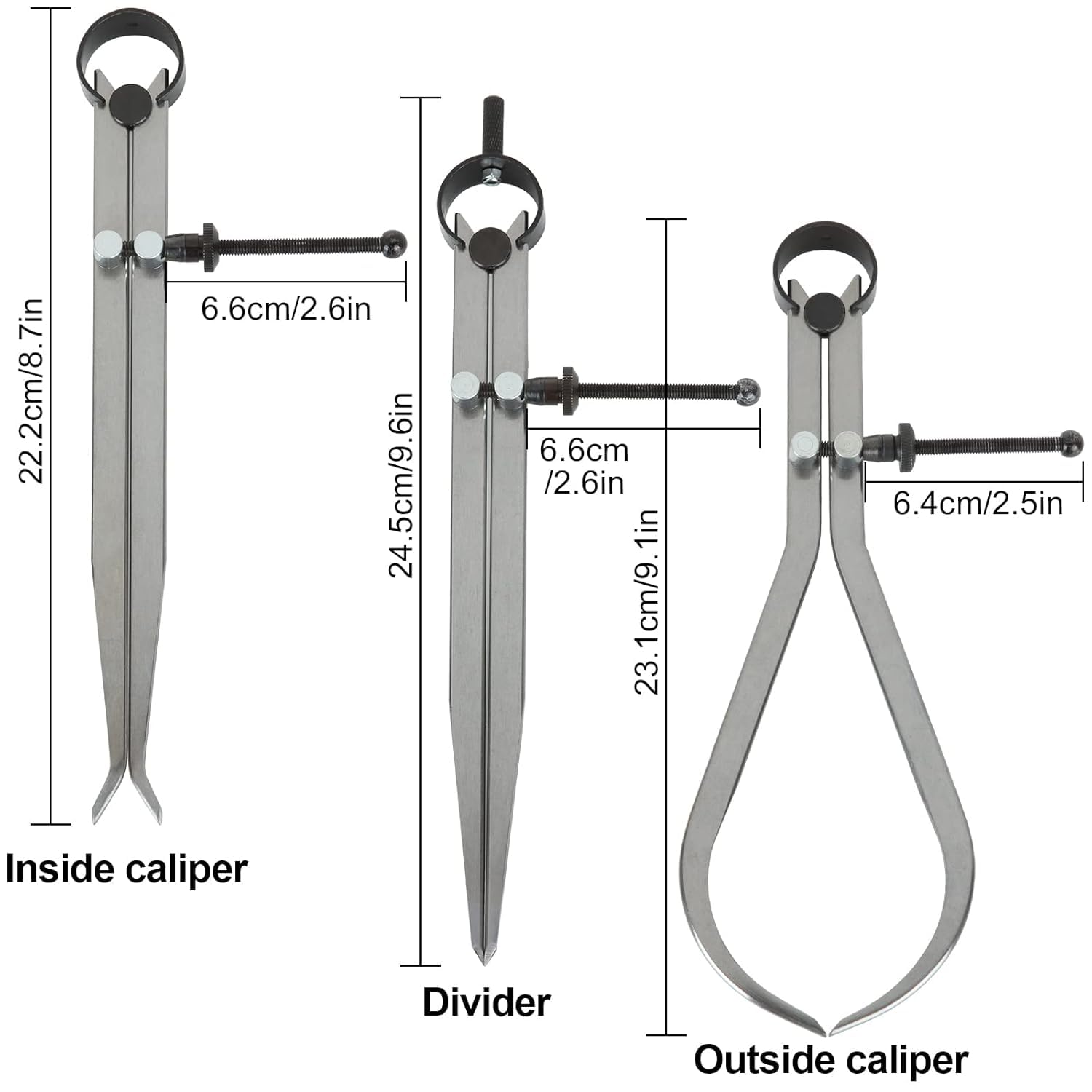 3 Piece Spring Caliper/Divider Set, 8 inches Inside Spring Outside Divider Caliper Set, Calipers Measuring Tool for Wood Turning Lathe Projects.