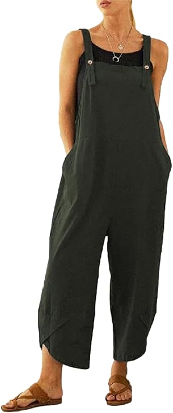 Womens Sleeveless Cotton Linen Adjustable Bib Overalls Baggy Jumpsuits Romper with Pockets Straps Jumpsuit