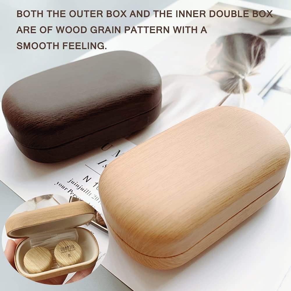 Caruncoo CARUNCOO Wood Grain Contact Lens Case Compact Eye Contact Case for Travelling Portable Contact Box with Mirror Rectangle，Cute Colorful Especially Elegant Brown 4 Piece Set : Health & Household