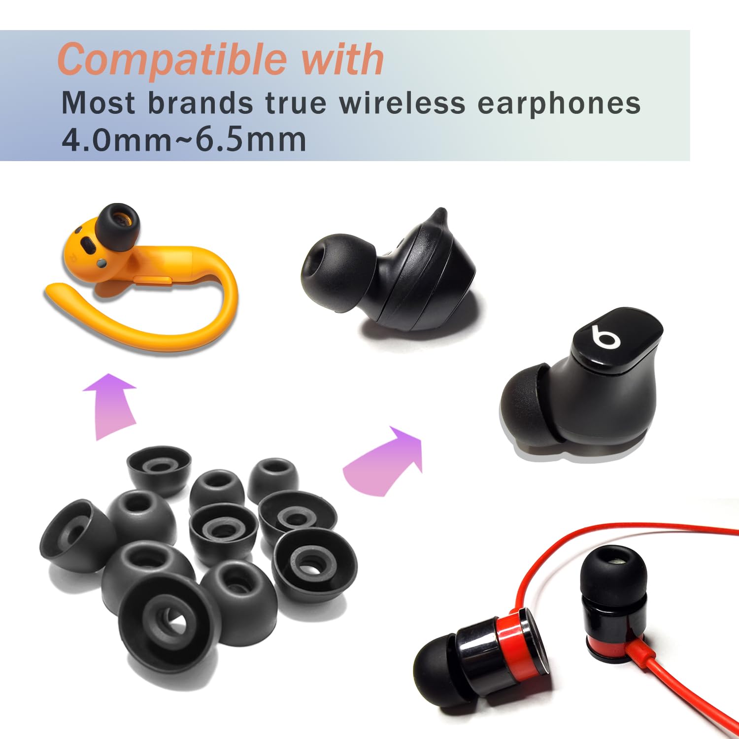 Lot de 6 paires d'embouts ovales en silicone pour écouteurs sans fil - Diamètre intérieur : 4 mm - Noir