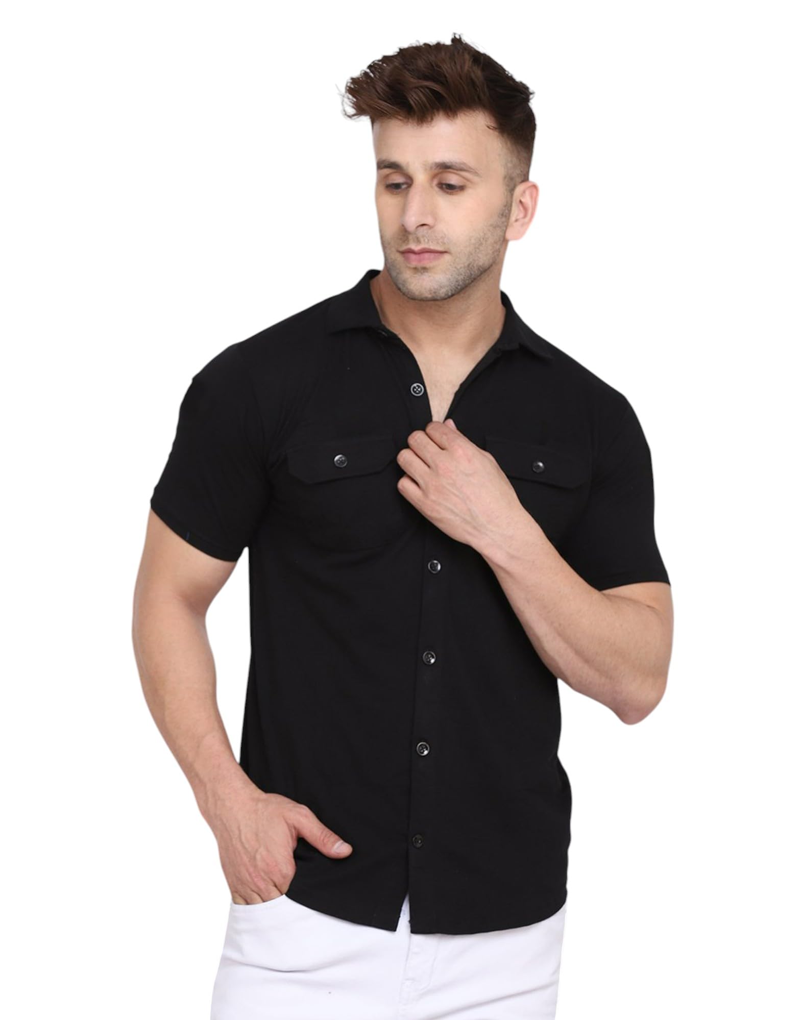 tfurnish Men's Half Sleeve Shirt – Spread Collar Casual Shirt with Double Flap Pockets – Slim Fit Cotton Blend Button-Down-picture-31