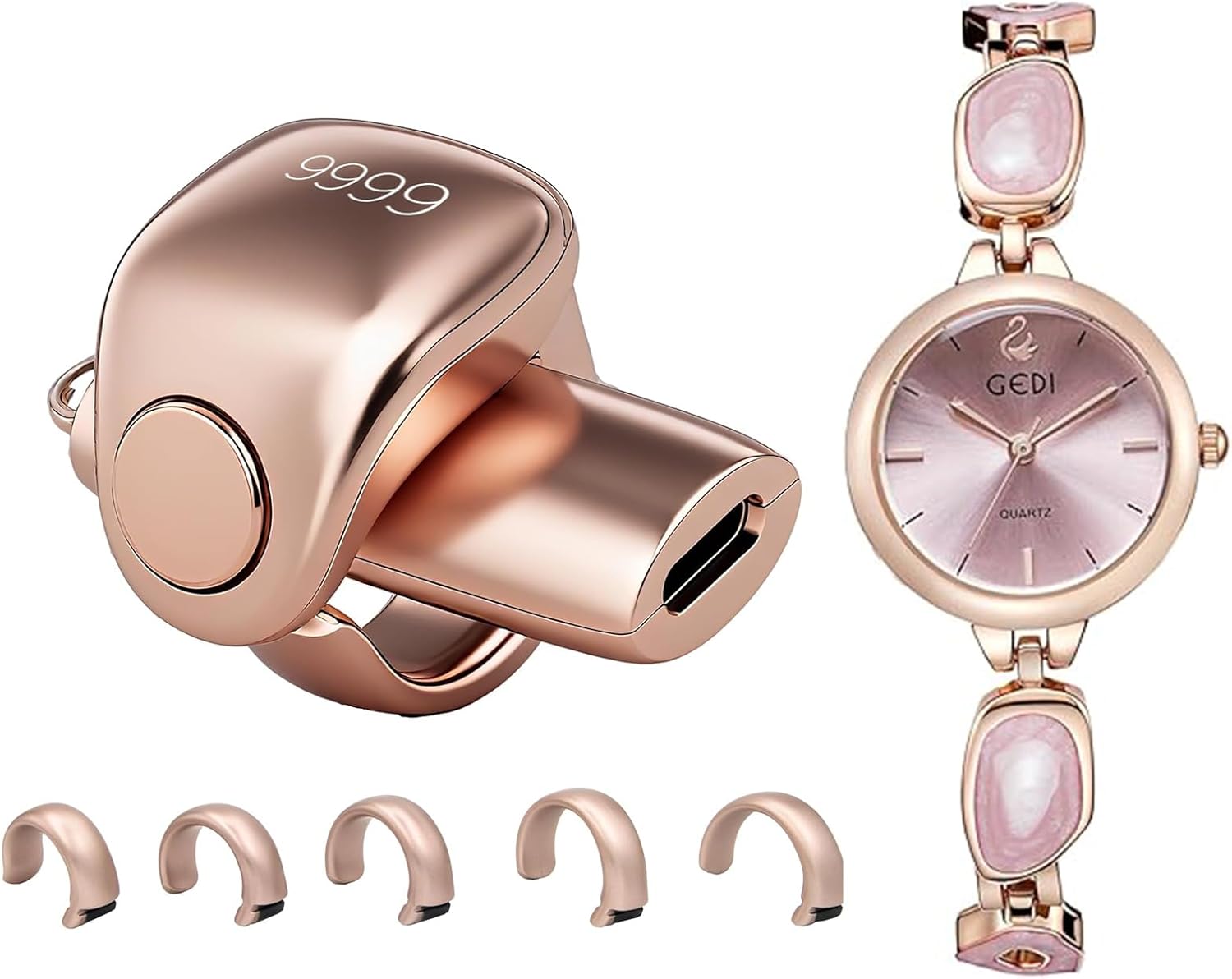 Zikr Smart Ring,Tasbeeh Counters, Prayer Direction Indicator Guide,5 Azan Alarm Clock, APP Support Eid al-Fitr Eid Muslims Dainty Women's Watch Elegant Gold Tone Bracelet Watch(Rose Gold Faith+)