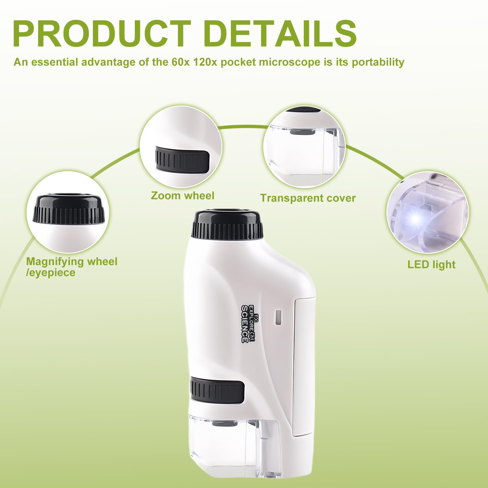 Microscopio Tascabile: Microscopio Tascabile per Bambini, Mini Microscopios Portatile con Luce LED 60X-120X per Bambini Studenti Adulti Laboratorio Domestico Scolastico
