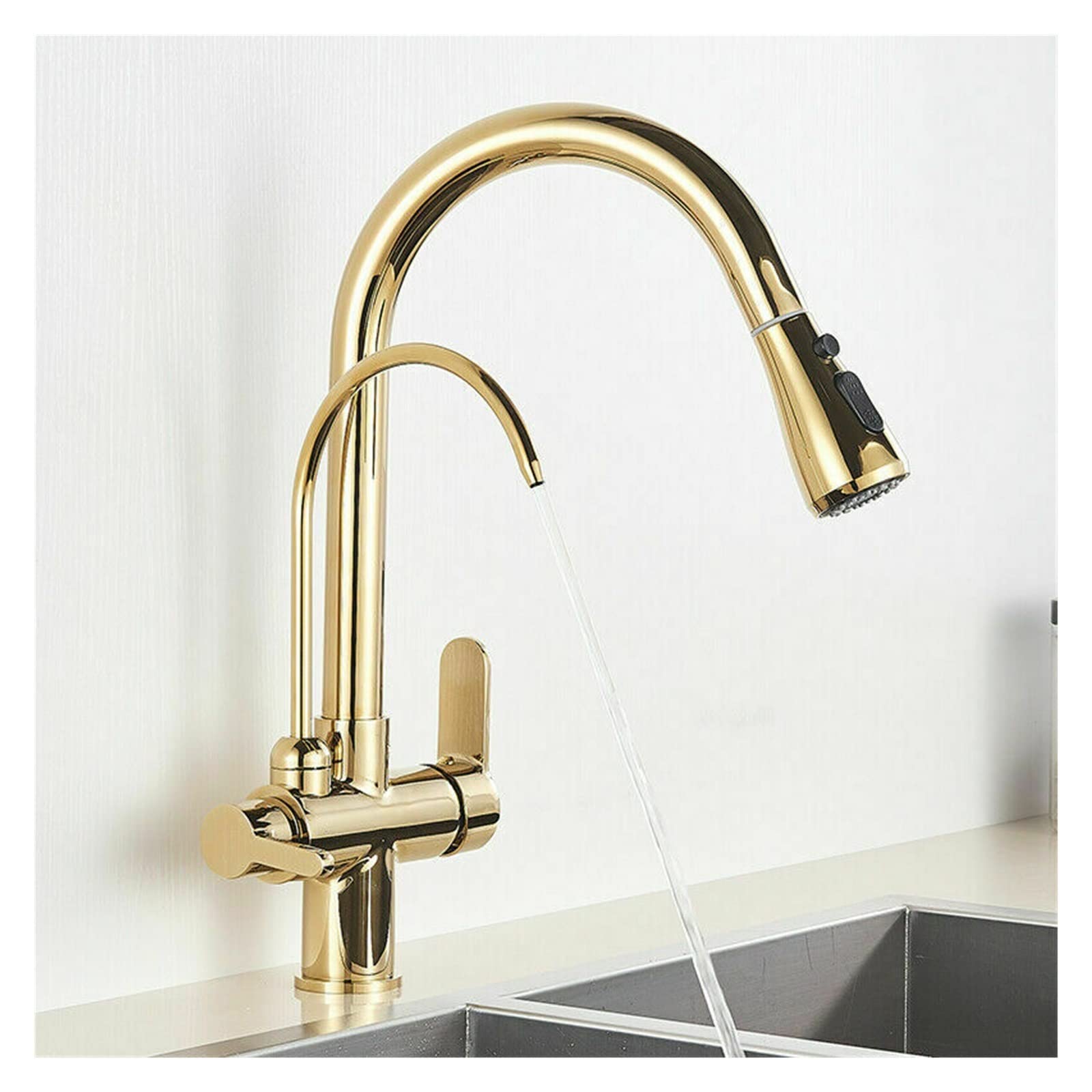 Goldener Küchenhahn mit Ausziehbrause, 360° drehbar, Doppelgriffe, Einloch-Kalt- und Warmwasseranschluss, intelligenter Wasserhahn (Antikmessing)