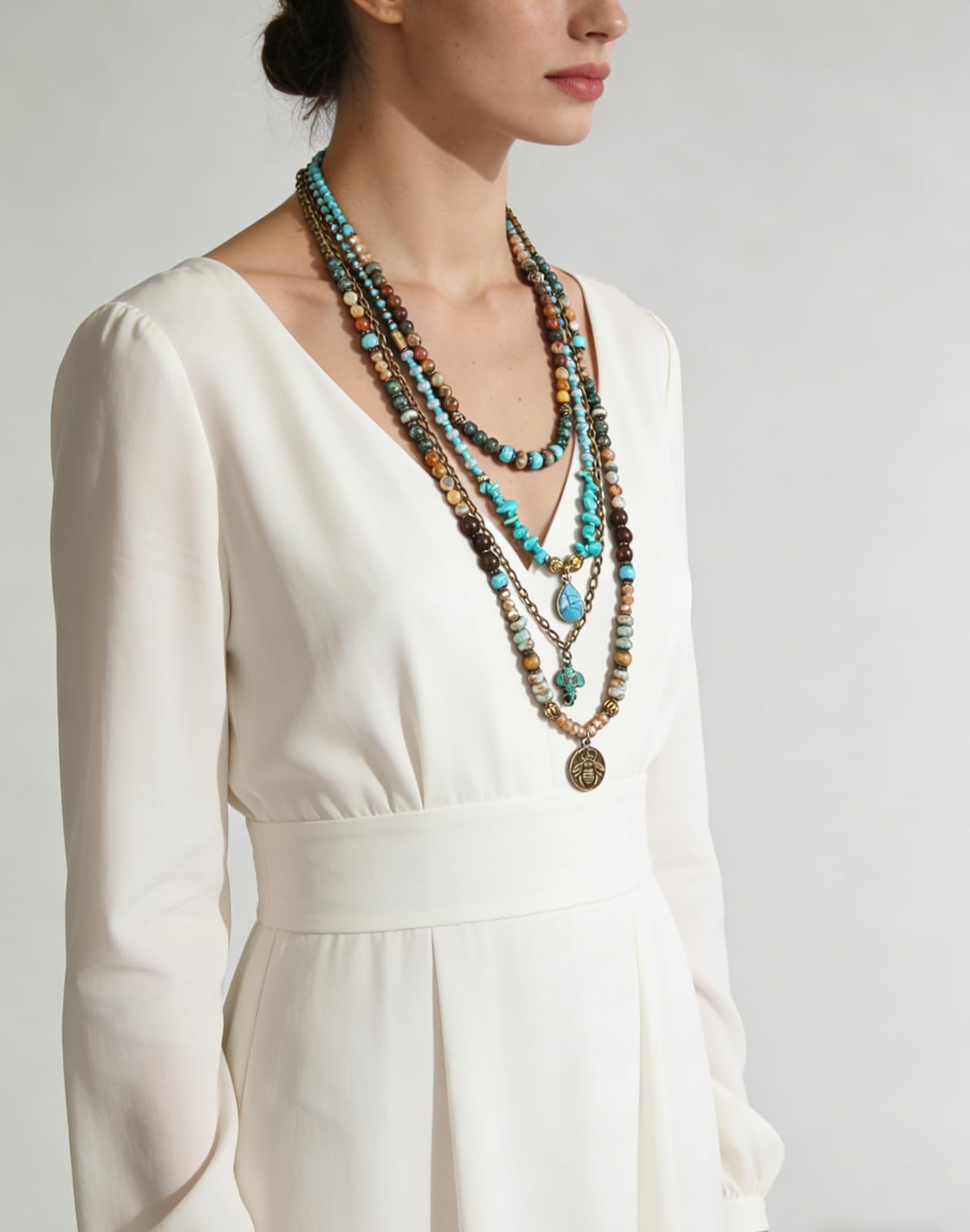 Yomisa Collana da donna alla moda, multistrato con perline, lunga collana da donna, stile bohémien, fatta a mano, con perline naturali, idea regalo
