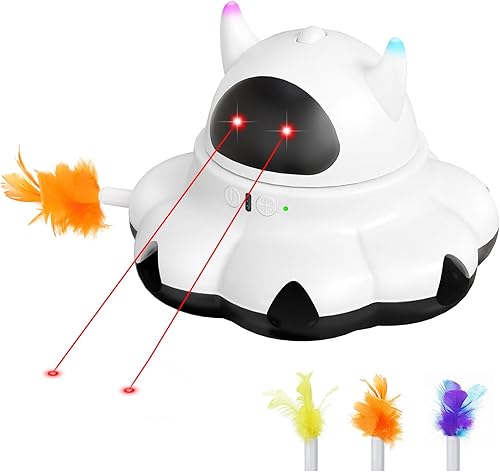 MIKK Juguete láser para gatos, juguetes de plumas para gatos, 2 en 1, interactivo para gatos de interior, automático con control remoto, emboscada