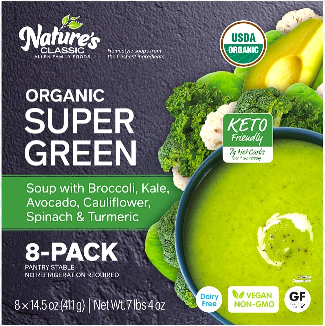 Allen Family Organic Keto Super Green Soup 116 oz – Low Carb, 7g Net Carbs, Vegan, Dairy Free, Gluten Free, Broccoli Kale Cauliflower Avocado Spinach, Ready to Eat Microwave Soup, 8 Pack (14.5 oz Each)