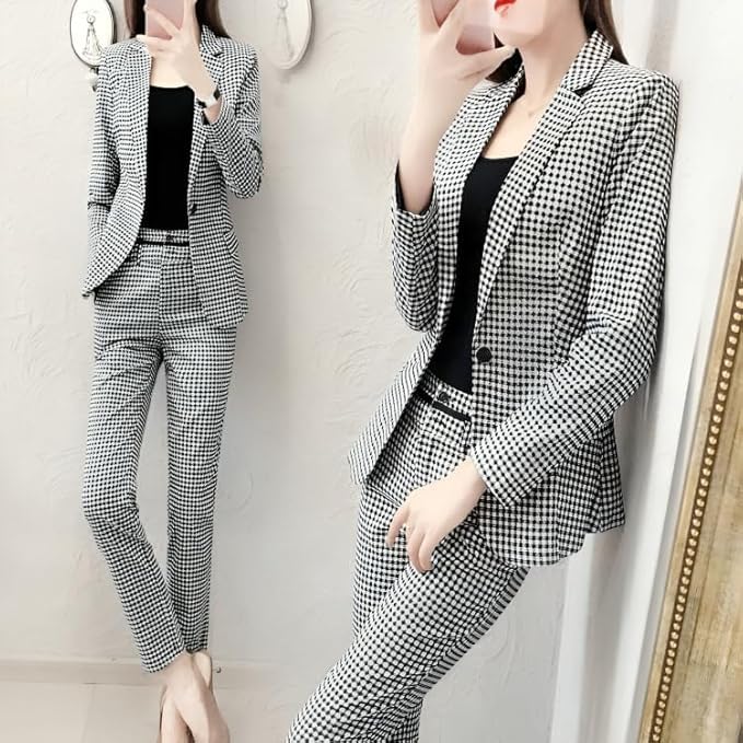 Image of Women's 3-Piece Cotton Blend Blazer Pant Set | Black & White Checkered Co-Ord Suit with Crop Camisole | Formal Office Wear, Business Casual, Interview, Corporate