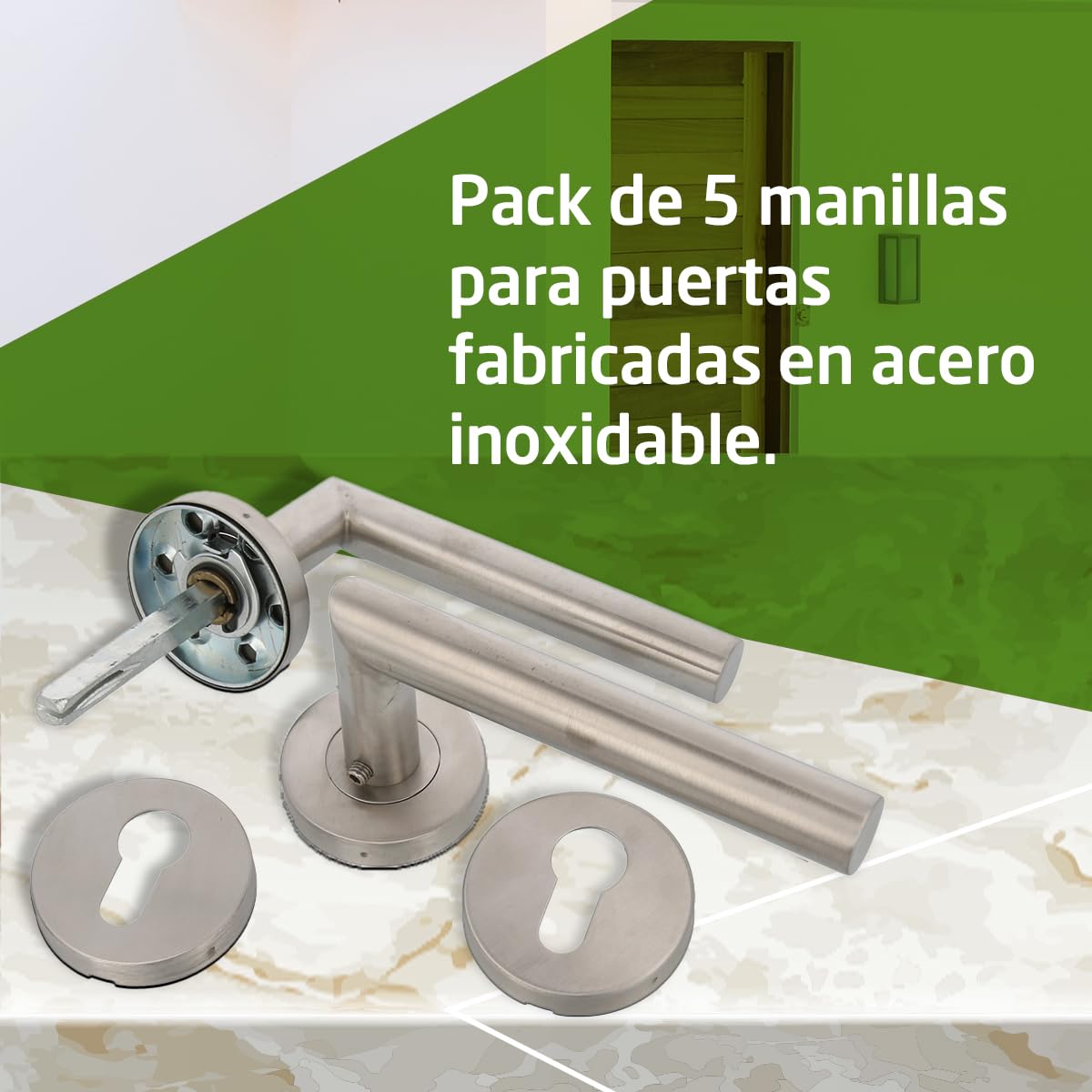 Amig - Pack de 5 Manillas con Roseta para Puertas | 136 x Ø19 mm | Diseño Elegante y Sencillo | Ideal para tu hogar u oficina | Acero inoxidable | Plateado Mate | Incluye Bocallave para Cilindros