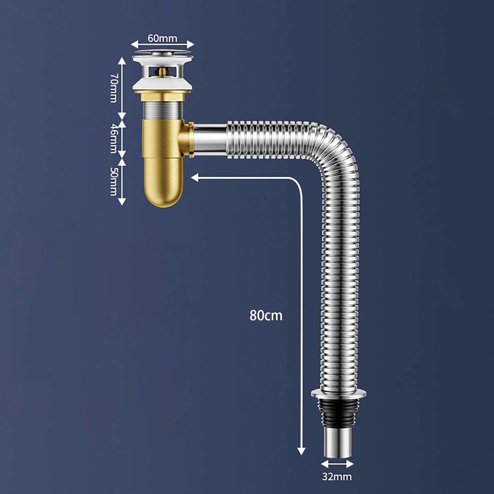 Sifone Lavabo Bagno con Troppopieno,Piletta Click Clack,Anti-Odore,Tubo Corrugato Estensibile,Set Di Scarico Sifone per Lavabo in Ottone
