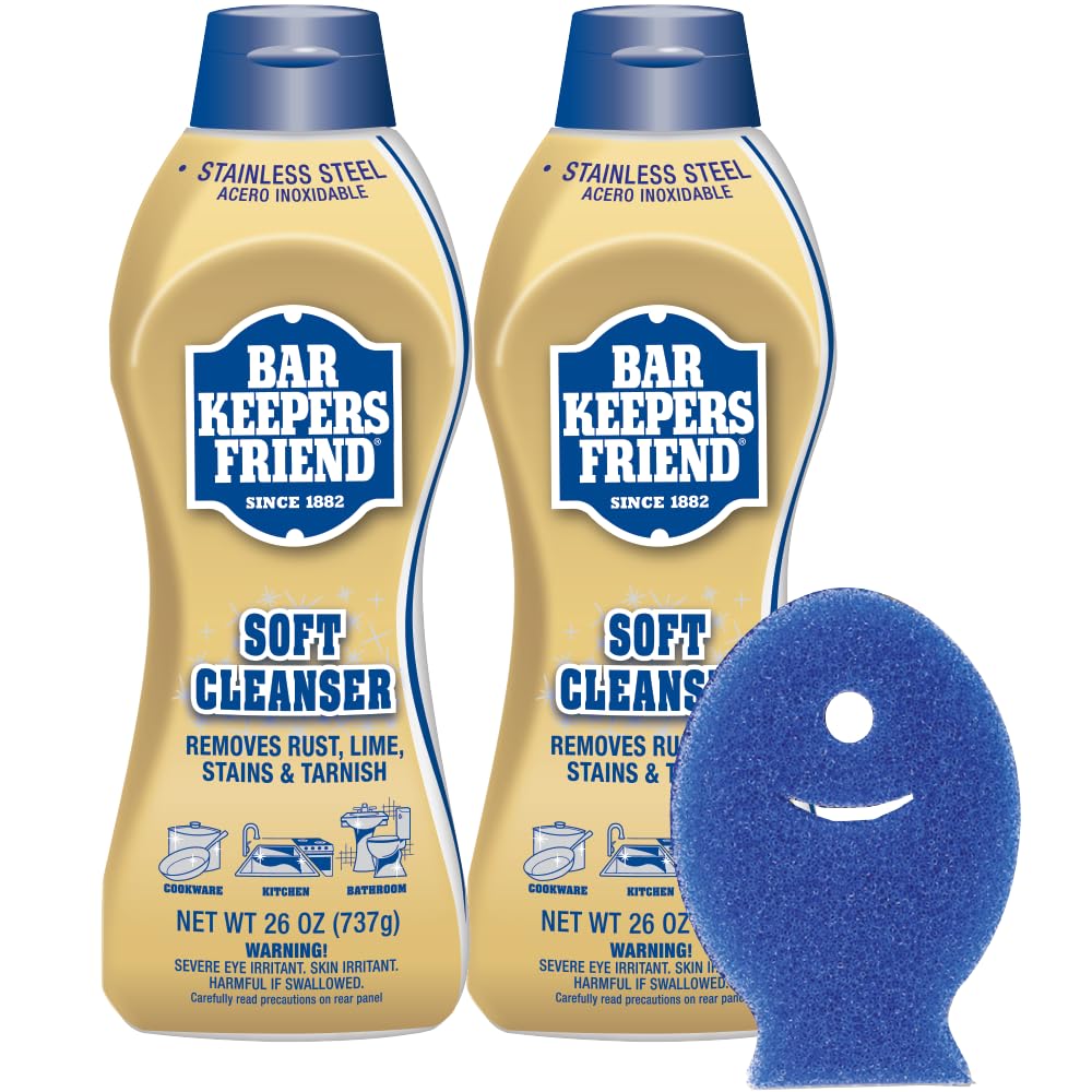 Soft Cleanser Liquid (2 x 26 oz) Plus Dish Fish Sponge - Multipurpose Cleaner & Rust Stain Remover for Stainless Steel, Porcelain, Ceramic Tile, Copper, Brass & More