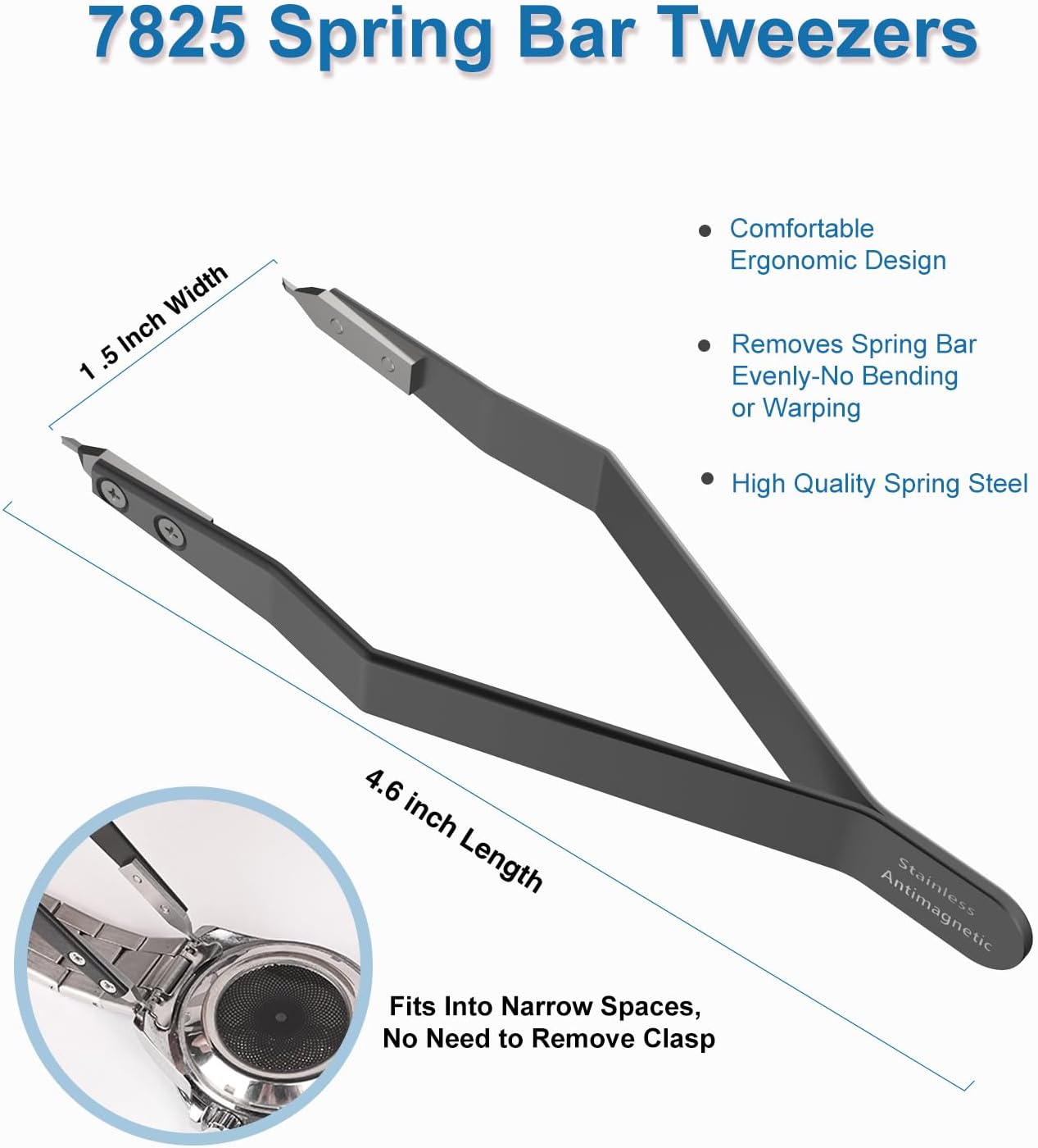Watch Spring Bar Tool, 7825 Spring Bar Tweezers Lug Removal Fitting Tool (Silver)