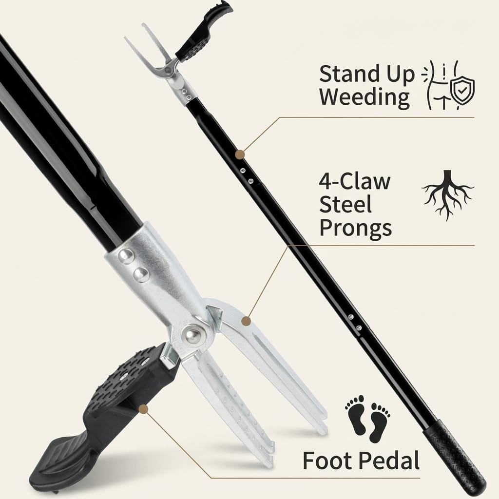 Stand Up Weed Puller Tool, 4-Claw Steel Head Heavy Duty Weeder, Adjustable Long Handle Garden Weeding Tool for Effortless Weed Removal Without Bending Kneeling Pulling