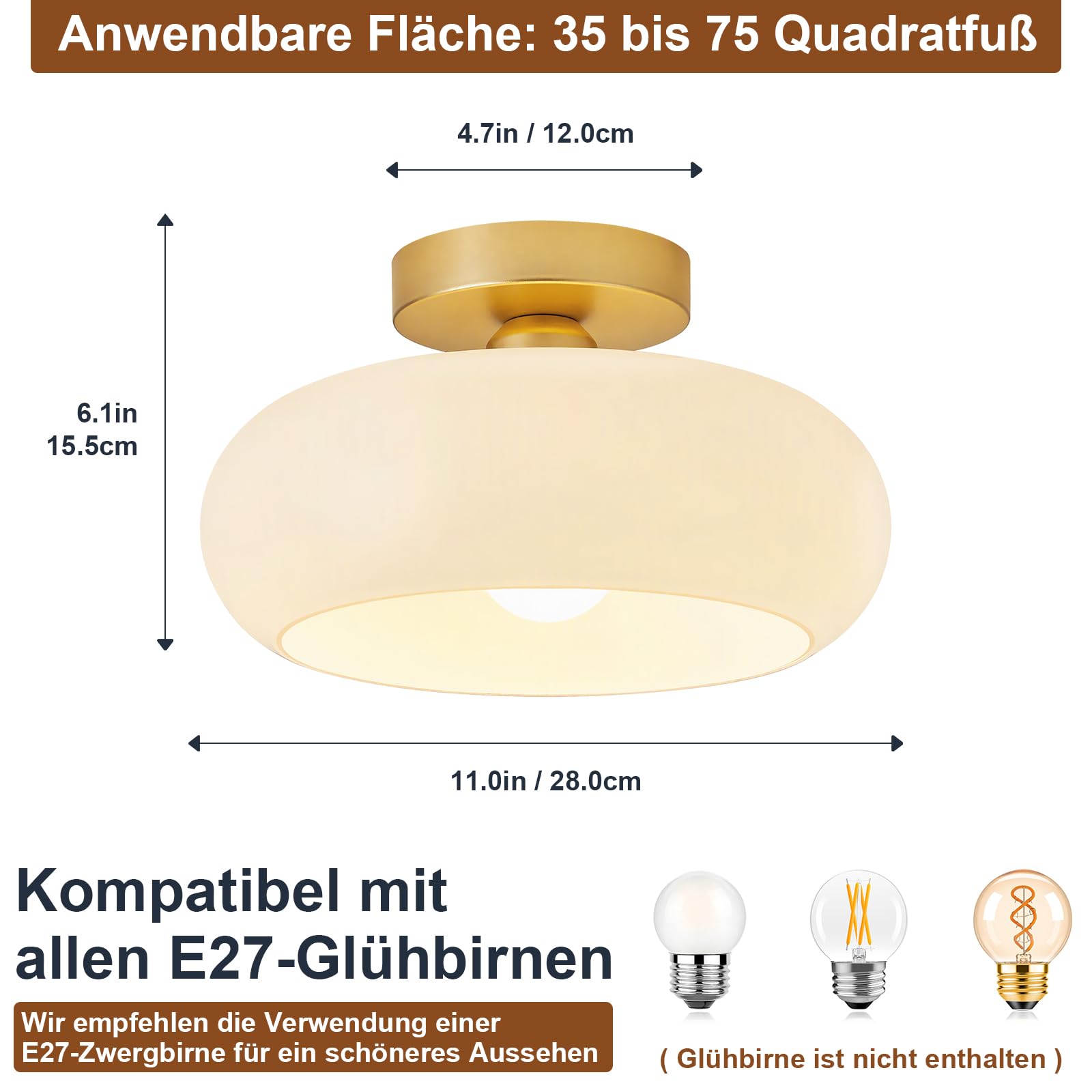 WOKNOS Moderna Bianco Vetro Lampadario Plafoniere,Dorato Plafoniera(28CM) | E27 Rotondo Plafoniera,Lampada per Soggiorno Camera da Letto Cucina Corridoio Sala da Pranzo