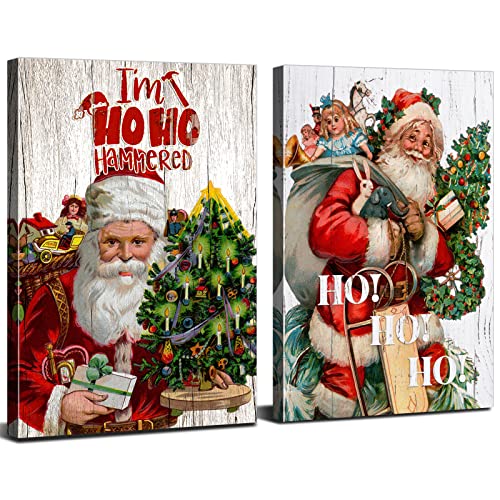 Christmas Wall Art for Living Room Bedroom Home Decorations Red Santa Claus Carrying Gifts Wall Decor Funny Merry Christmas Sayings Canvas Prints 12x16" 2Pcs Rustic Artwork Christmas Tree Poster