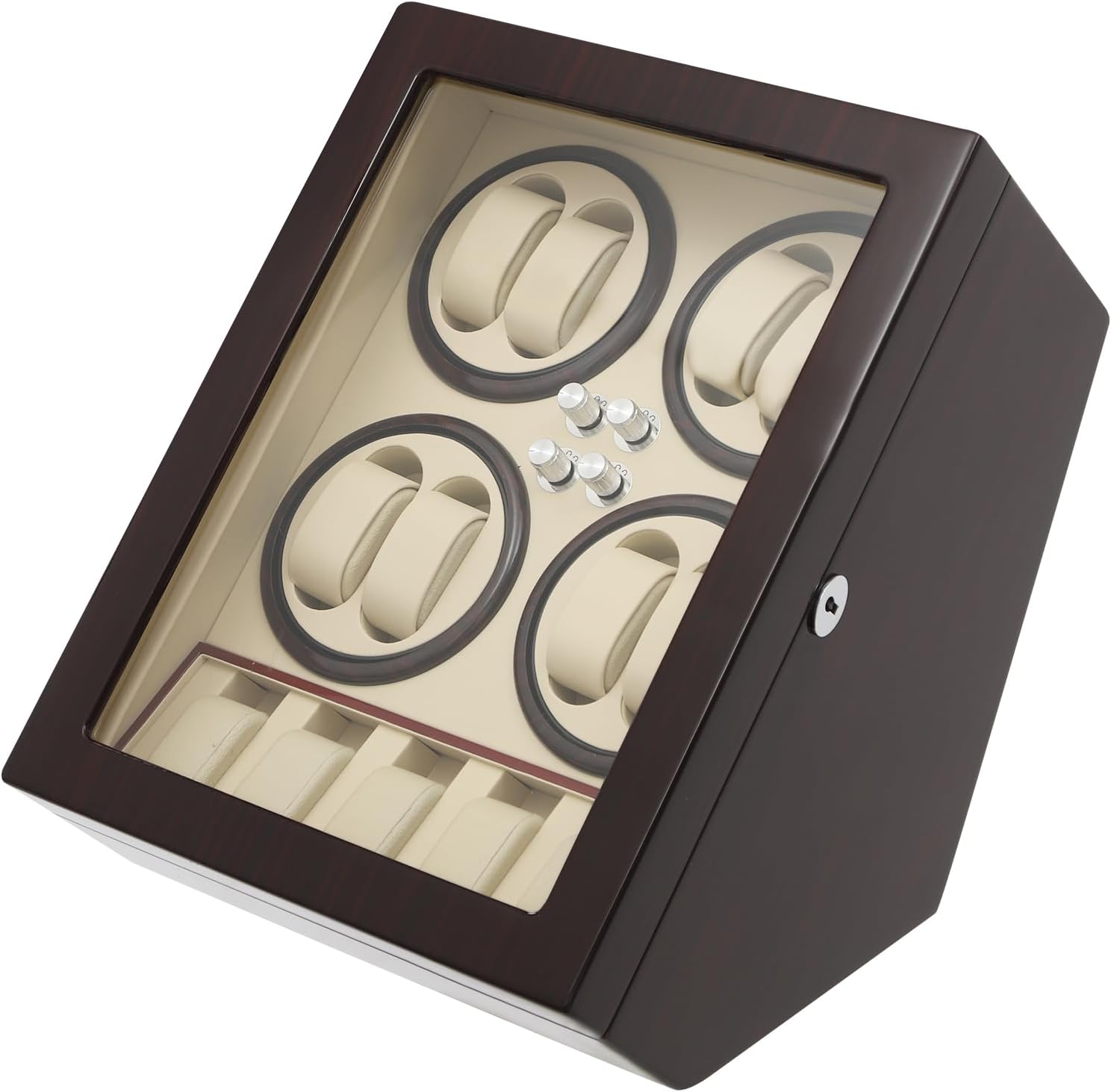 8+5 Watch Winder Box for Automatic Watches, 8 Rotating Pillows + 5 Storage Slots, Adjustable Modes & LED Display Light, Quiet Motor, Ebony/Ash Wood Finish (Black, White +White Light)