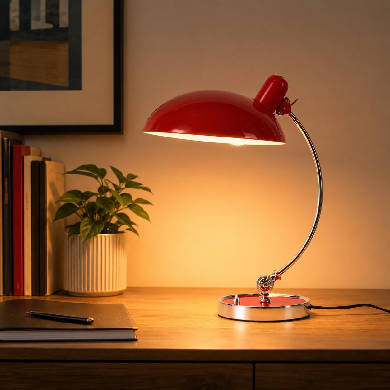 Alpinaluz Flexo de Mesa Bauhaus E27 Rojo y Cromo Metal Ø29 cm | Pantalla roja giratoria, brazo cromado ajustable e interruptor en base para escritorio, despacho, lectura o mesilla