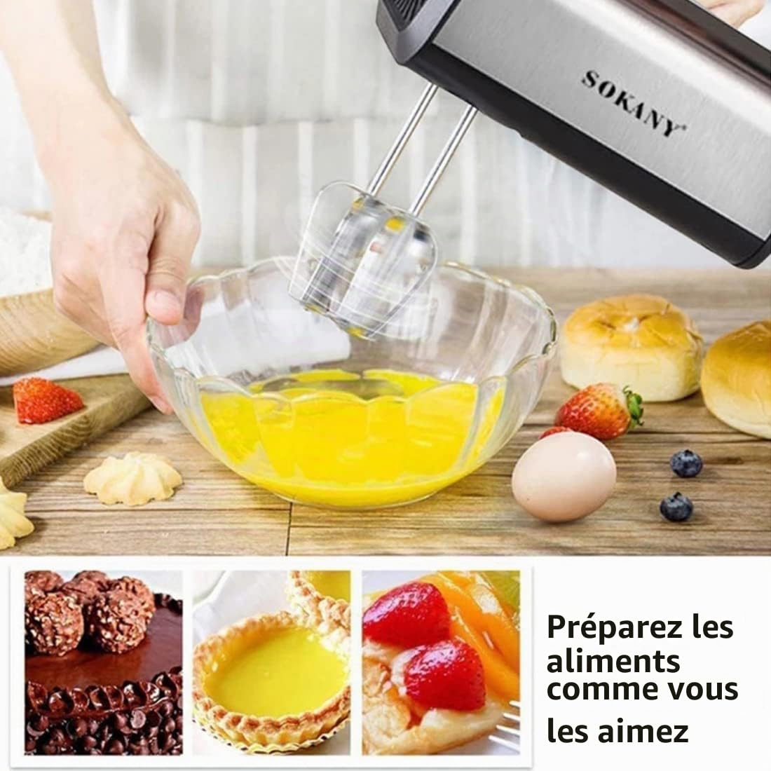 SOKANY CX-6651 Batteur électrique cuisine, Batteur à main avec 2 Fouets et 2 Crochets pétrisseurs, 5 Vitesses, Batteur en Acier Inoxydable avec Bouton d'Éjection (CX-6651)