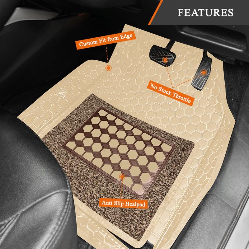 Image of 7D Car Foot Mat Compatible with Citroen C3 | Universal Fit, Luxury Leather Car Floor Mat with Detachable Curly Mat | Waterproof, Anti-Slip | Color: Beige