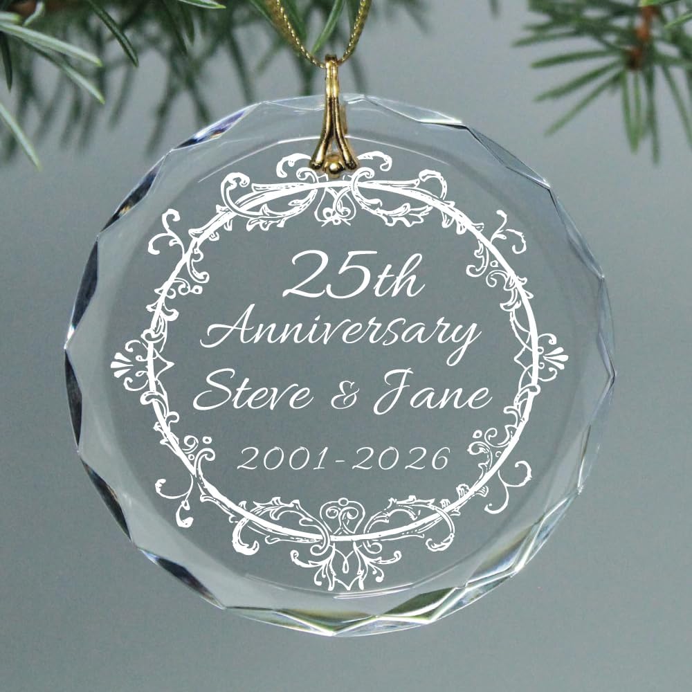 Silver 25th Wedding Anniversary Date Keepsake Vintage Wreath Christmas Ornament - Personalized with Couples Names and Special Date Any Anniversary - Circle
