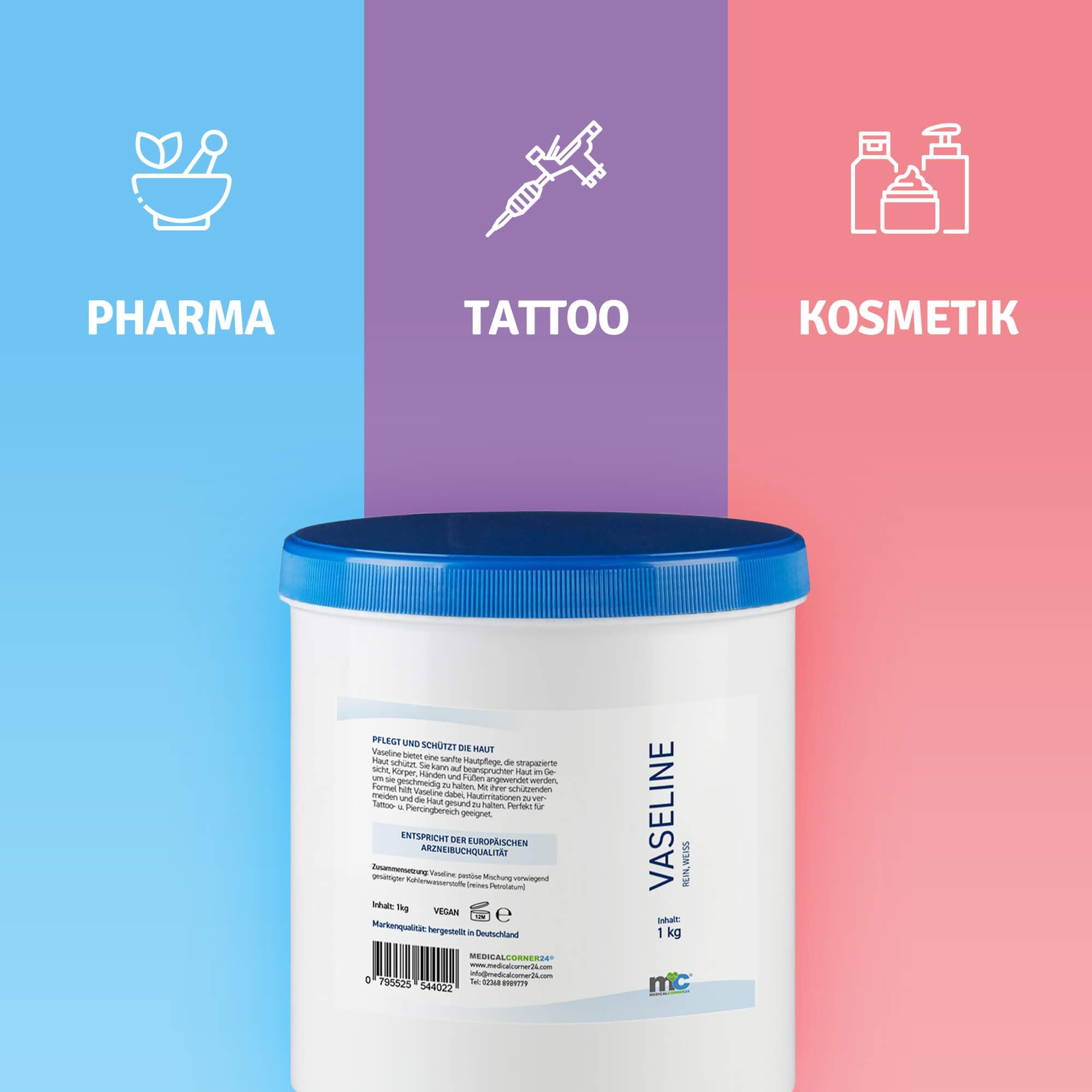 Medicalcorner24 vaseline blanche, gel soins de la peau soins corporels, zone tatouage et piercing, 1 kg