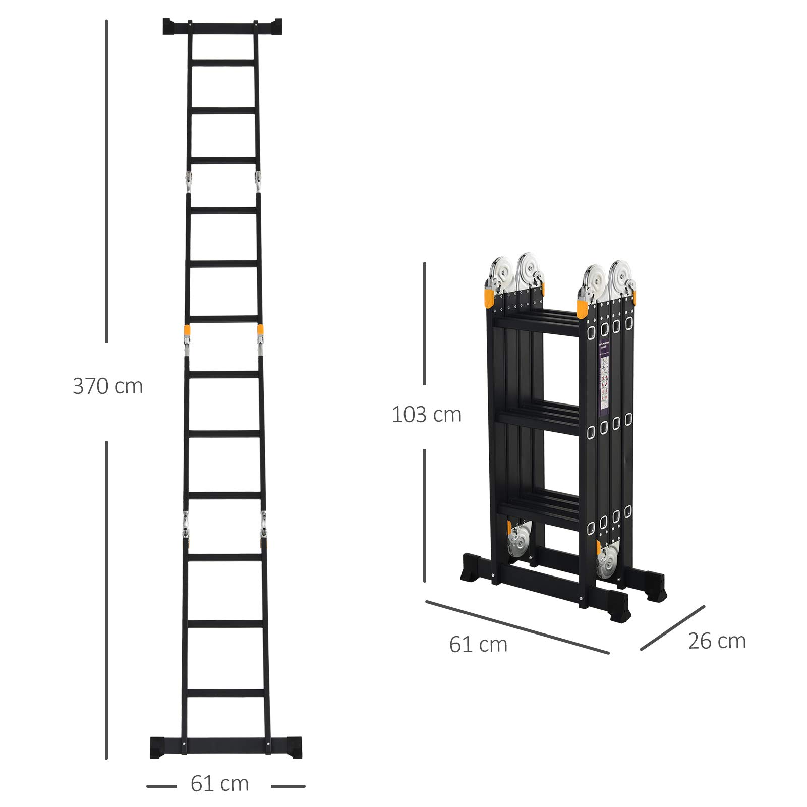 HOMCOM Échelle Aluminium Pliable Multifonction 5 Positions 3,7 m Noir | 12 Échelons, Certification NF EN131, Charge Max. 150 Kg