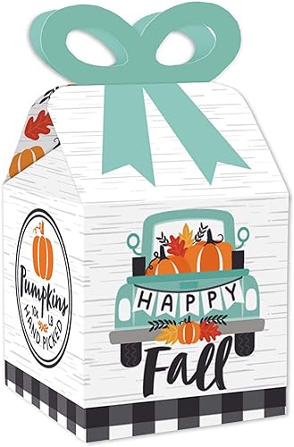 Big Dot of Happiness Happy Fall Truck – Cajas de regalo cuadradas – Cajas de lazo para fiesta de calabaza de cosecha – Juego de 12