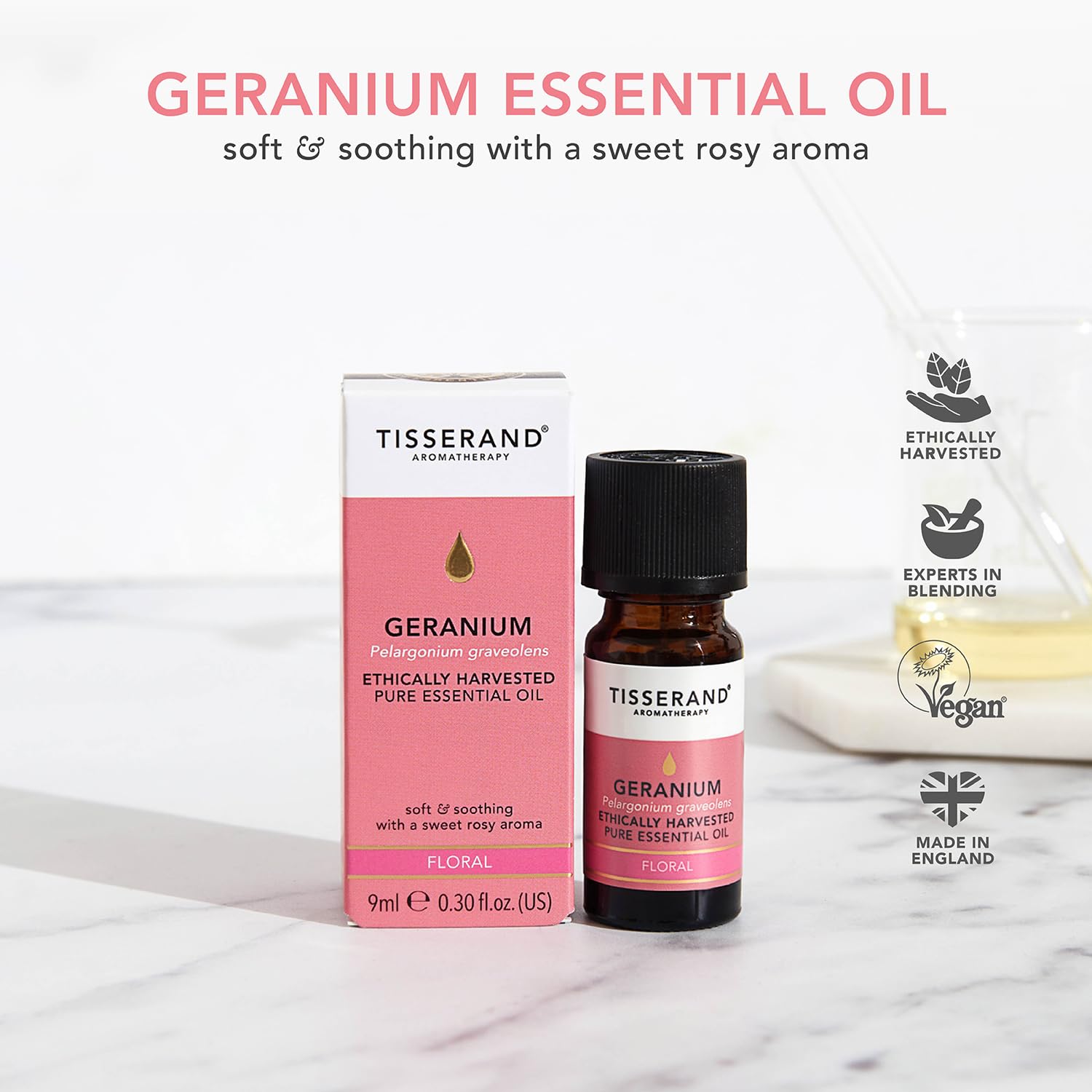 Tisserand Ethically Harvested Pure Essential Oil - 100 Percent Pelargonium Graveolens - Mood Balancer, Ideal for Dry and Oily Skin - Geranium - 0.3 oz